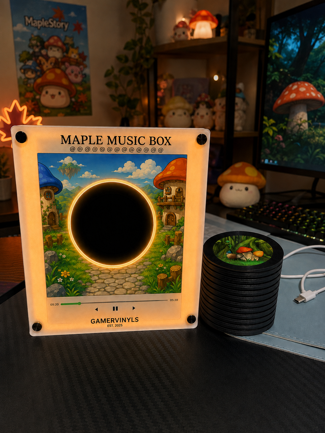 MSVinyl Maple music box and stack of Maple discs
